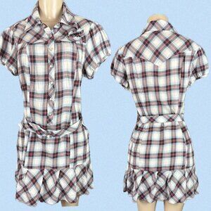 Guess L Blue Plaid Snap Front Logo Collar Belted Ruffle Hem Short Sleeve Dress